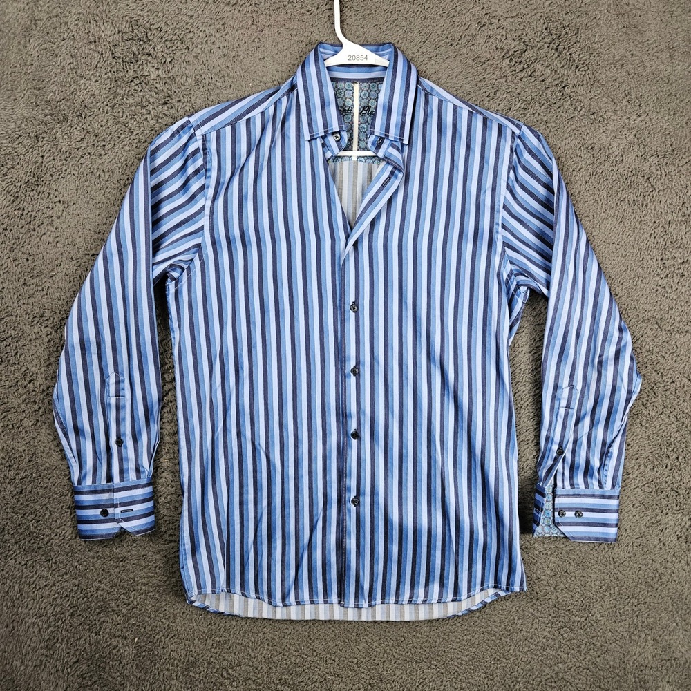 Visconti Black Mens Medium Blue Striped‎ Long Sleeve Button Up Dress Shirt